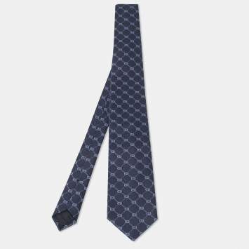 Pre Owned Gucci Navy Blue GG Interlock Pattern Silk Tie