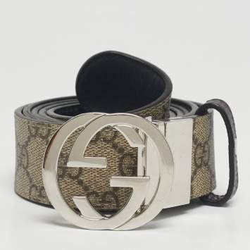 Pre Owned Gucci Beige/Black GG Supreme Canvas and Leather Interlocking G Reversible Belt 110CM