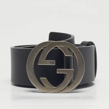 Pre Owned Gucci Black Leather Interlocking G Buckle Belt 85CM
