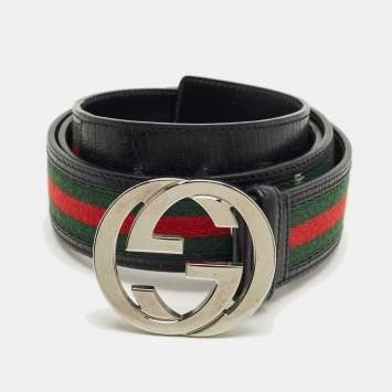 Pre Owned Gucci Black Web Canvas and Leather Interlocking G Belt 110CM