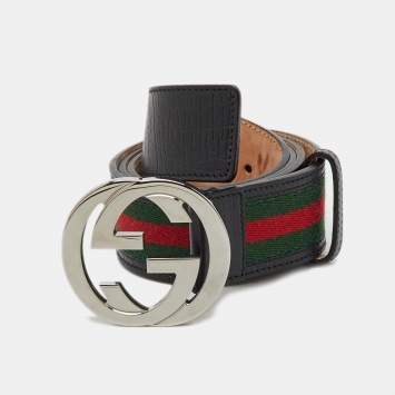 Pre Owned Gucci Black Leather and Web Interlocking G Buckle Belt 85CM