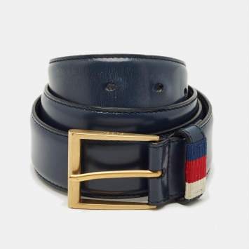 Pre Owned Gucci Navy Blue Leather Web Buckle Belt 90CM
