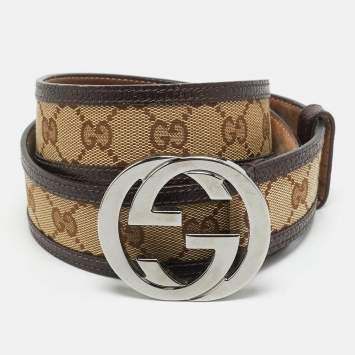 Pre Owned Gucci Interlocking G 95 CM Buckle Belt Beige/Brown GG Canvas and Leather