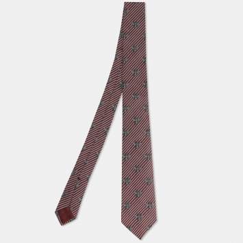 مملوكة مسبقًا Gucci Red Stripe Bee Motif Silk and Cotton Tie