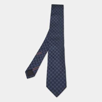 Pre Owned Gucci Navy Blue GG Interlock Pattern Silk Tie