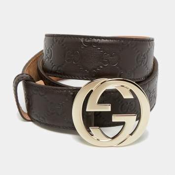 Pre Owned Gucci Interlocking G 90 CM Buckle Belt Brown Guccissima Leather