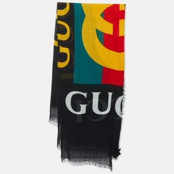 Pre Owned Gucci Black Logo Print Silk Scarf