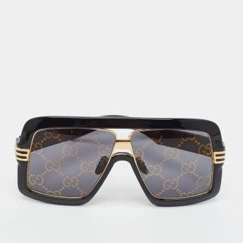 مملوكة مسبقًا Gucci Black/Gold Tone Monogram Lens GG0900S Shield Sunglasses 