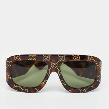 مملوكة مسبقًا Gucci Tortoiseshell Brown GG0983S Monogram Shield Sunglasses 