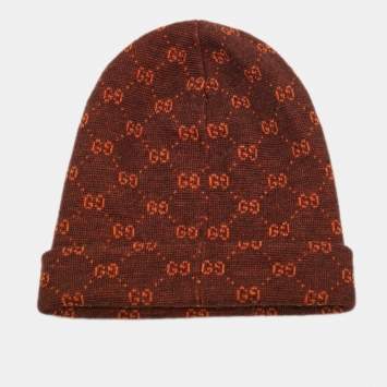 Pre Owned Gucci Rust/Brown GG Jacquard Knit Alpaca Wool Beanie M