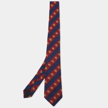 Pre Owned Gucci Red/Blue Striped Bee and Web Silk Jacquard Classic Tie 