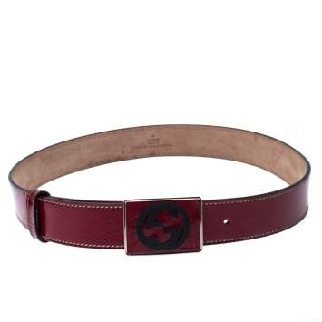 Pre Owned Gucci Red Patent Leather GG Plaque Belt 80CM