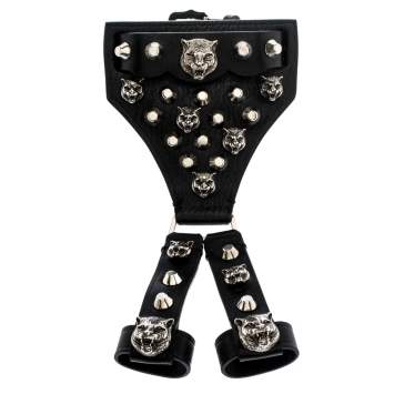 Pre Owned Gucci Feline Head Studded Black Leather Silver Tone Hand Harness Finger Ring Cuff Bracelet L