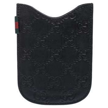 Pre Owned Gucci Black Guccissima Leather Web Phone Case