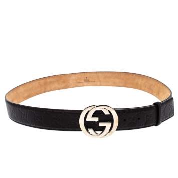 Pre Owned Gucci Black Guccissima Leather Interlocking G Buckle Belt 95CM