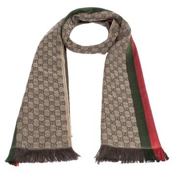 Pre Owned Gucci Brown Web Striped GG Jacquard Knit Wool & Silk Scarf