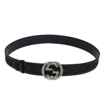 Pre Owned Gucci Black GG Canvas and Leather Interlocking G Buckle Belt 100CM