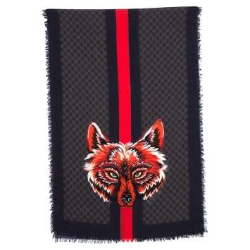 Pre Owned Gucci Grey & Navy Web Stripe Wolf Head Wool Stole 
