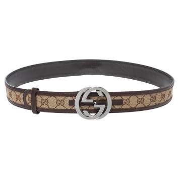 Pre Owned Gucci Beige/Brown GG Canvas and Leather Interlocking G Buckle Belt 100CM