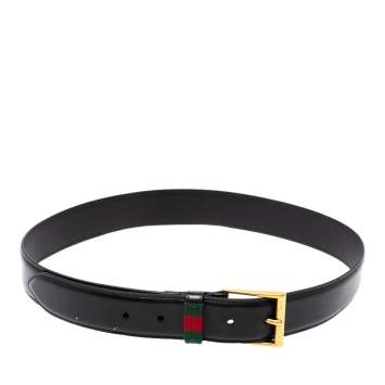 Pre Owned Gucci Black Leather Web Buckle Belt 85CM