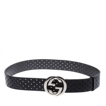 Pre Owned Gucci Black Perforated  Leather Interlocking G Buckle Belt 90CM