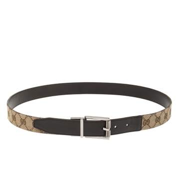 Pre Owned Gucci Beige/Brown GG Canvas and Leather Square Buckle Belt 95CM
