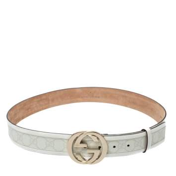 Pre Owned Gucci White GG Supreme Canvas And Leather Interlocking G Buckle Belt 90 CM