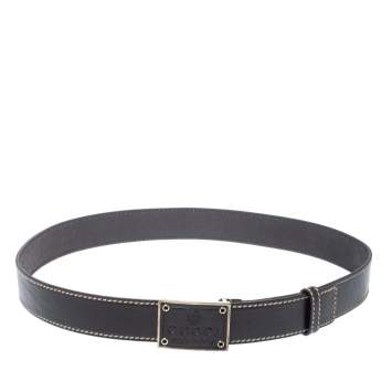 Pre Owned Gucci Black Leather Logo Plaque Buckle Belt 100 CM