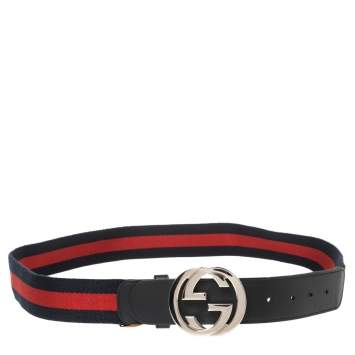 Pre Owned Gucci Blue/Red Web Canvas and Leather Interlocking GG Buckle Belt 100CM