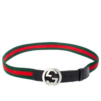 Pre Owned Gucci Green/Red Web Canvas and Leather Interlocking GG Buckle Belt 105 CM