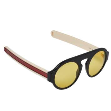 Pre Owned Gucci Black & Webstripe / Yellow GG0256S Round Sunglasses 