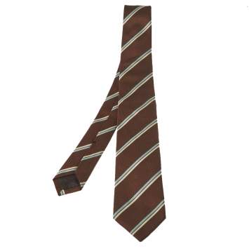 Pre Owned Gucci Brown Striped Waffle Patterned Cotton Silk Tie