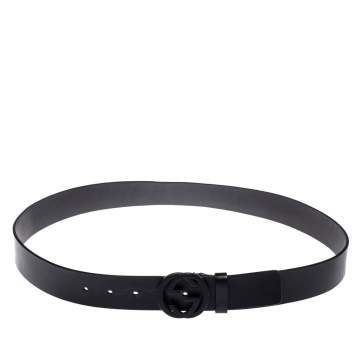 Pre Owned Gucci Black Leather Interlocking G Buckle Belt 95CM