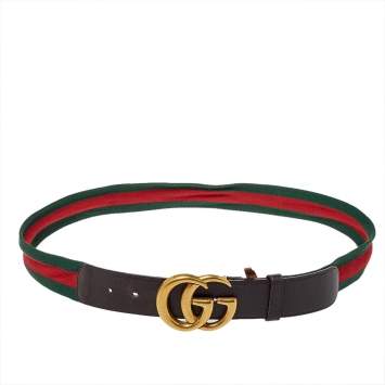 Pre Owned Gucci Brown Leather Web Double G Buckle Belt 105CM