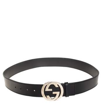Pre Owned Gucci Black Leather Interlocking G Buckle Belt 95CM