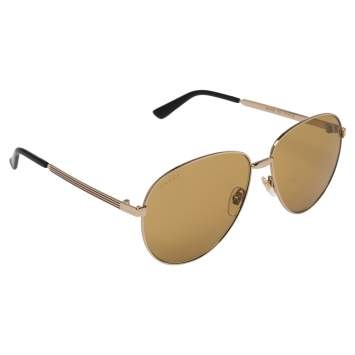 Pre Owned Gucci Gold Tone/Yellow GG0138S Aviator Sunglasses