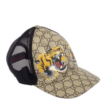 Pre Owned Gucci Beige Tiger Printed Canvas & Mesh Baseball Cap L