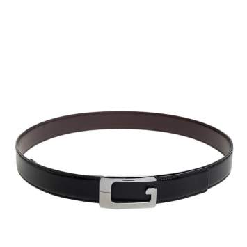 Pre Owned Gucci Black/Brown Glossy Leather G Buckle Reversible Belt 95CM