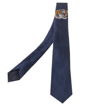 Pre Owned Gucci Navy Blue Tiger Embroidered Silk Skinny Tie