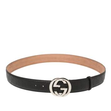 Pre Owned Gucci Black Guccissima Leather Interlocking G Buckle Belt 115CM
