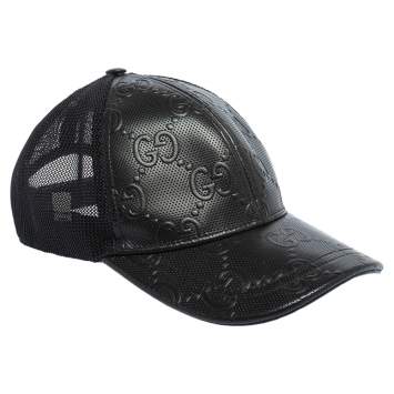 Pre Owned Gucci Black GG Embossed Leather Baseball Hat S
