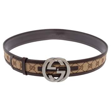Pre Owned Gucci Beige/Ebony GG Canvas and Leather Interlocking G Buckle Belt 95 CM