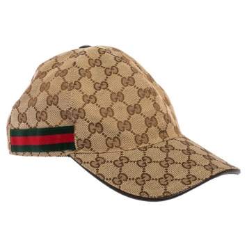 Pre Owned Gucci Beige Logo Monogram Web Stripe Detail Canvas Baseball Cap M