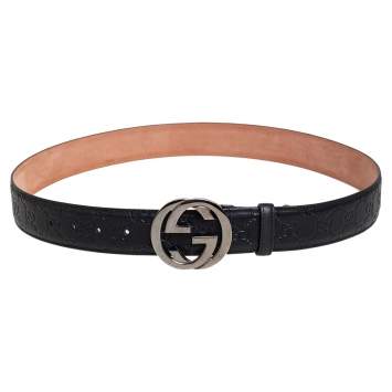 Pre Owned Gucci Black Guccissima Leather Interlocking G Buckle Belt 100CM