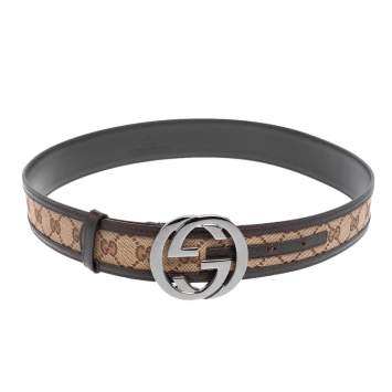 Pre Owned Gucci Brown/Beige GG Canvas and Leather Interlocking G Buckle Belt 85CM