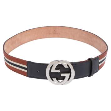 Pre Owned Gucci Black Web Canvas and Leather Interlocking G Belt 95CM