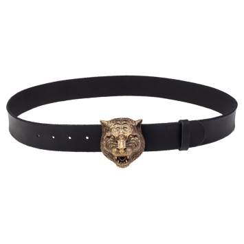 Pre Owned Gucci Black Leather Feline Buckle Belt Size 100CM