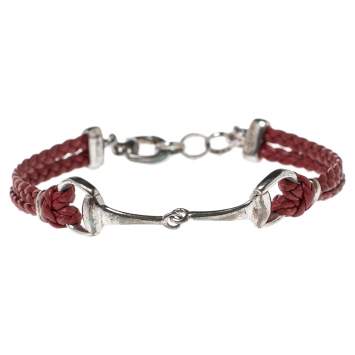 Pre Owned Gucci Red Braided Leather Horsebit Bracelet 17