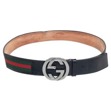 Pre Owned Gucci Black Leather And Web Canvas Interlocking G Buckle Belt 90CM