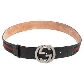 Pre Owned Gucci Black Leather and Web Canvas Interlocking G Buckle Belt 95CM